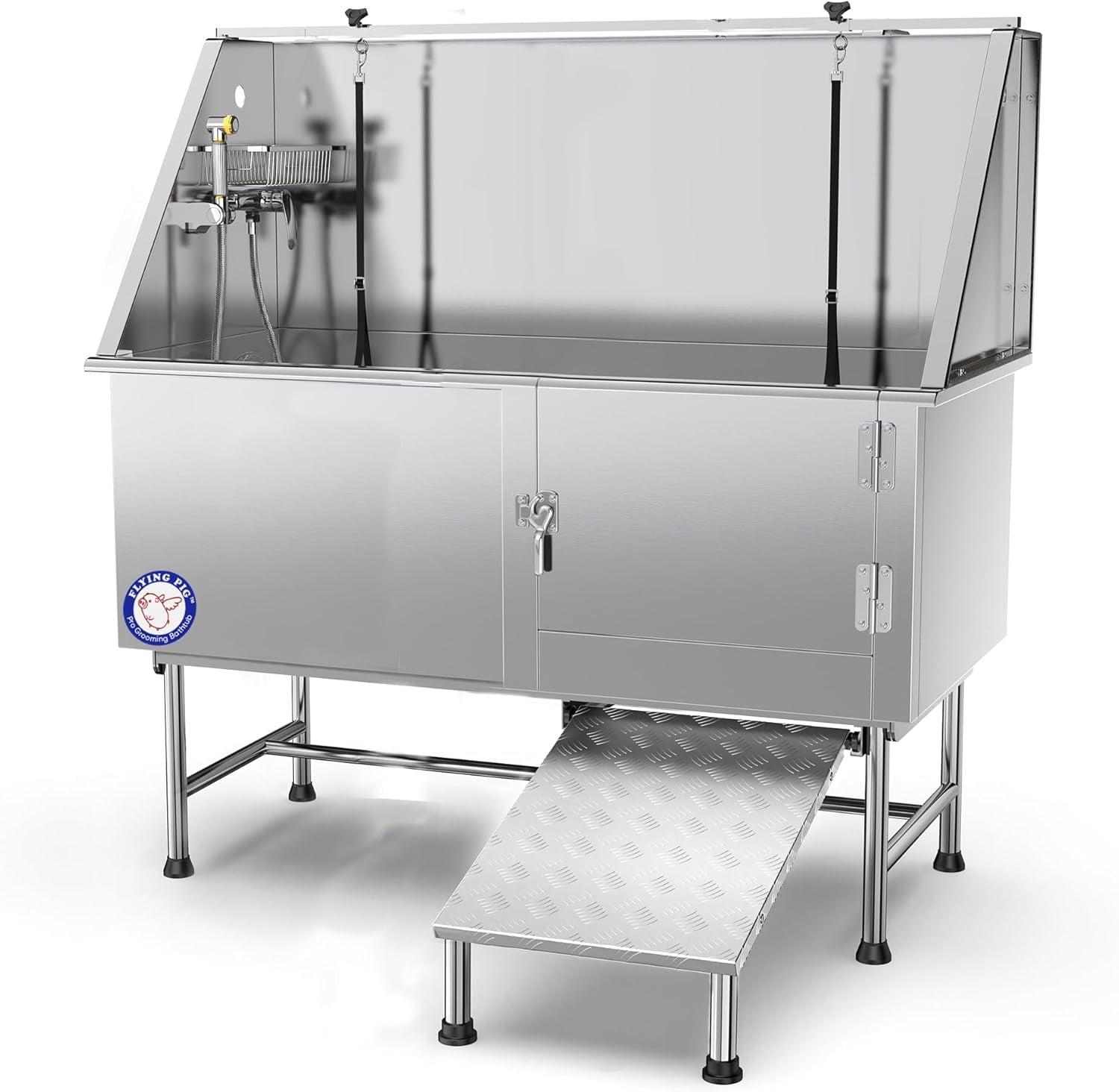 62" Stainless Steel Pet Dog Bath Tub with Faucet (Right Door/Left Drain), 62 X 27 X 58