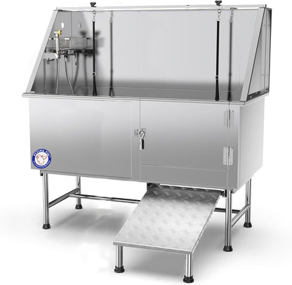 62" Stainless Steel Pet Dog Bath Tub with Faucet (Right Door/Left Drain), 62 X 27 X 58