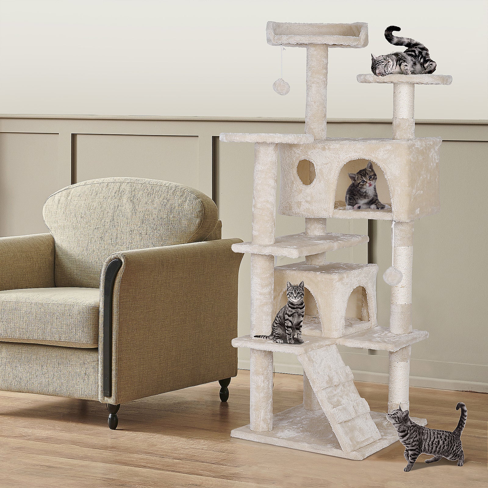 55'' Cat Tree Condo Scratching Post Sturdy Cat Activity Center Light Beige