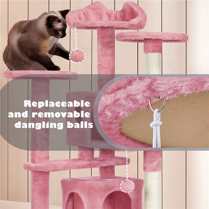 53.9" H Cat Tree with Double Condos, Scratching Posts & Ramp, Pink