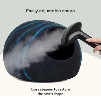 Cat Cave – Premium Felt Cat Bed for Indoor Cats, Handmade 100% Merino Wool (Large, Black Aqua)