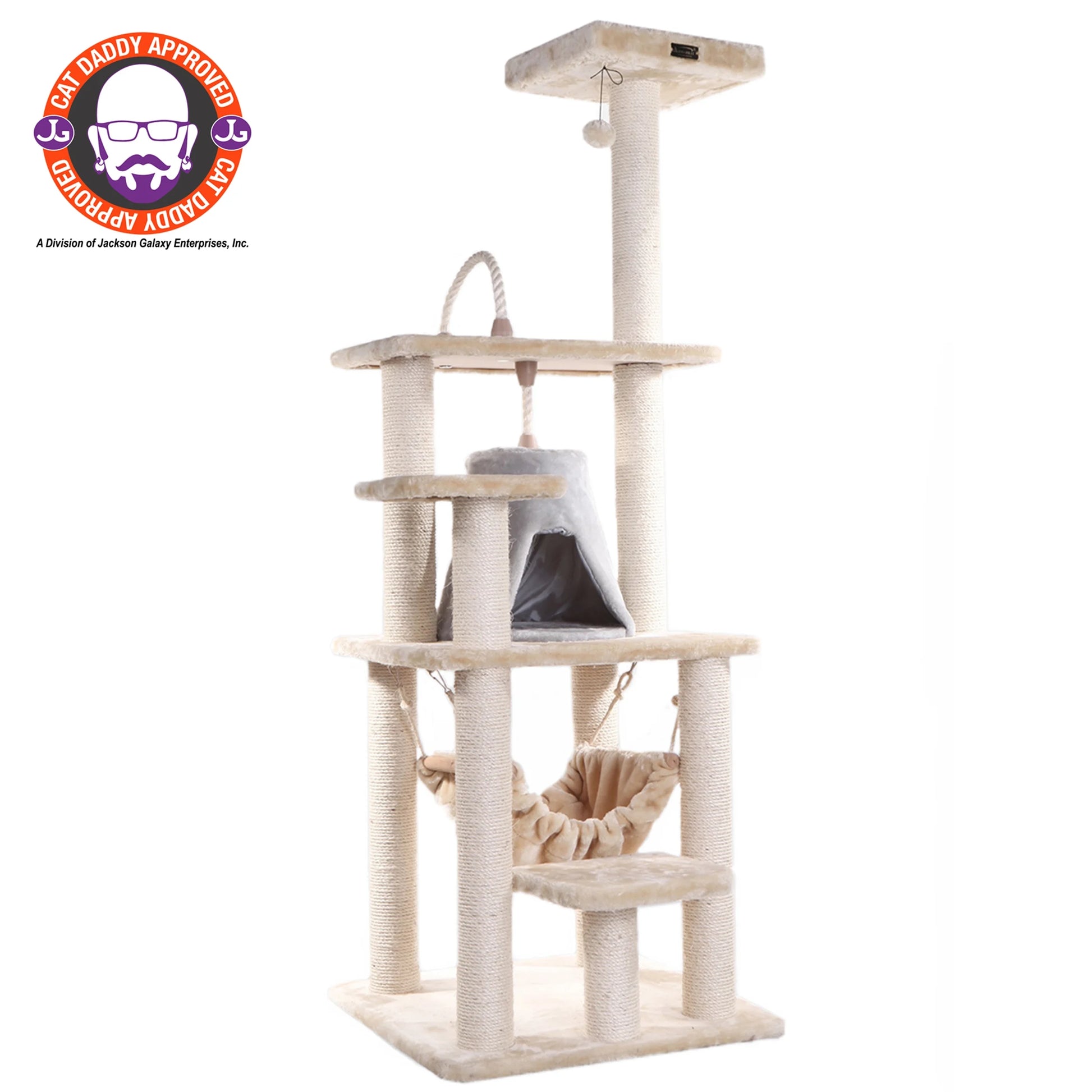 65-In Real Wood Cat Tree & Condo Scratching Post Tower, Beige