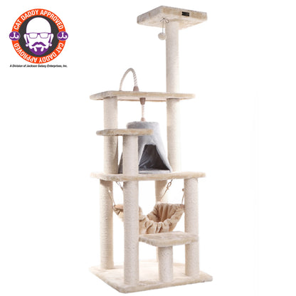 65-In Real Wood Cat Tree & Condo Scratching Post Tower, Beige