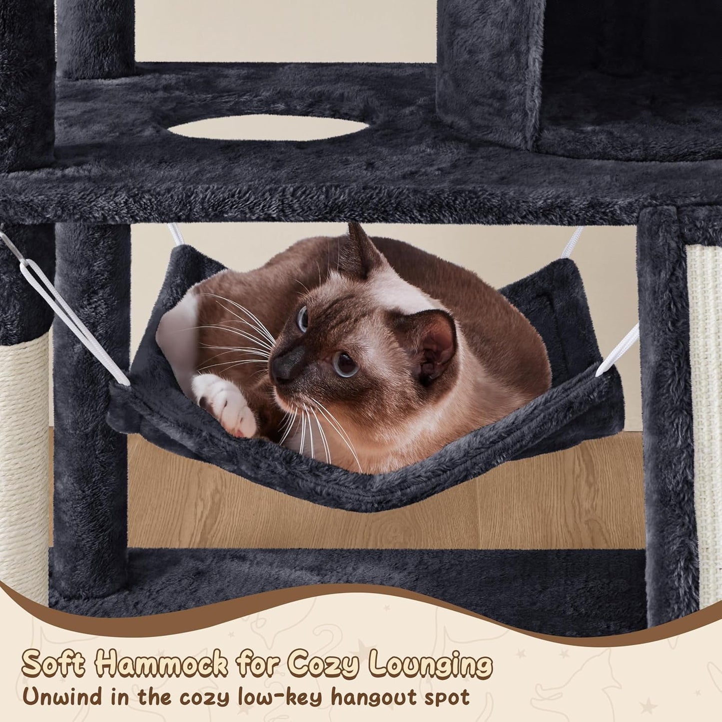 62In Multi-Level Cat Tree Tower Condo with Scratching Posts, Removable Platform & Hammock, Cat Activity Center Play Furniture for Kittens, Cats, and Pets