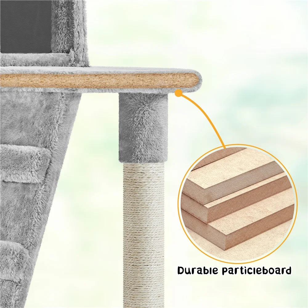 54" Cat Tree with Hammock, Basket and Scratching Post Tower, Light Gray