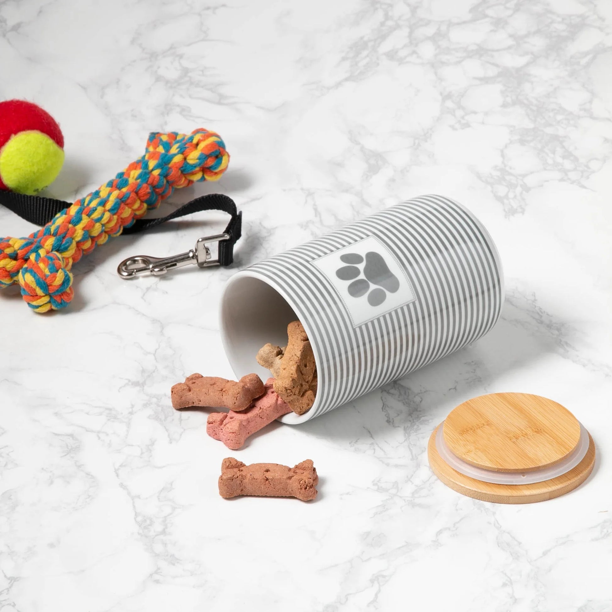 Ceramic Canister Jar for Pet Treats, Dishwasher Safe, 4X6.5", Gray Stripe