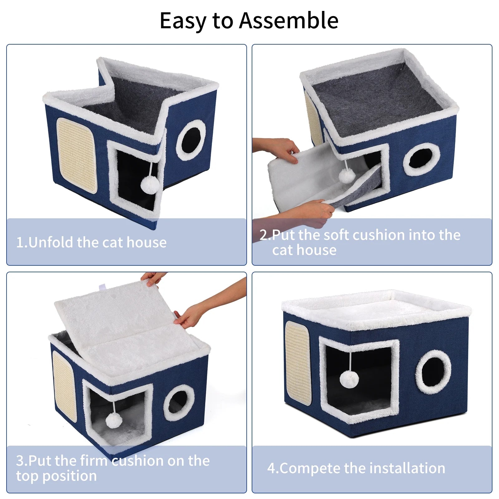 Cat Beds for Indoor Cats,Large Pet Beds for Cats, Cat Cave with Cozy Condo and Scratch Pad,Foldable Cat Cube Hideaway,Blue