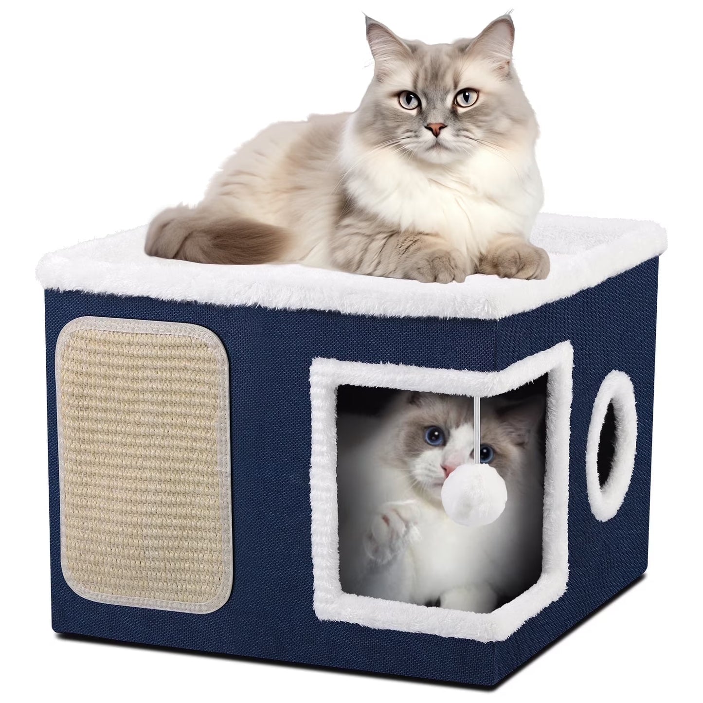 Cat Beds for Indoor Cats,Large Pet Beds for Cats, Cat Cave with Cozy Condo and Scratch Pad,Foldable Cat Cube Hideaway,Blue