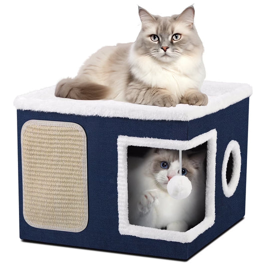 Cat Beds for Indoor Cats,Large Pet Beds for Cats, Cat Cave with Cozy Condo and Scratch Pad,Foldable Cat Cube Hideaway,Blue