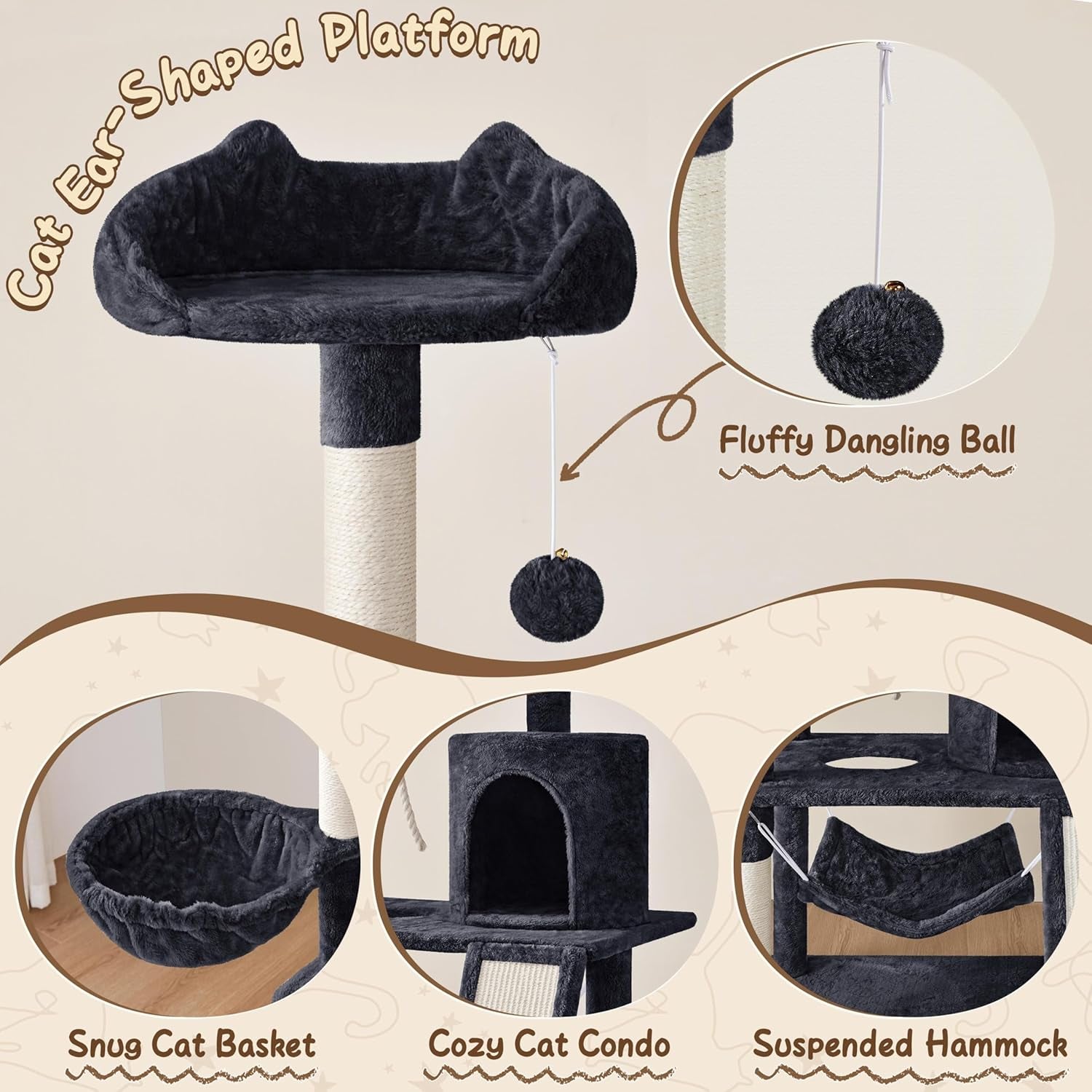 62In Multi-Level Cat Tree Tower Condo with Scratching Posts, Removable Platform & Hammock, Cat Activity Center Play Furniture for Kittens, Cats, and Pets