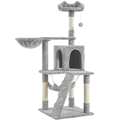 54" Cat Tree with Hammock, Basket and Scratching Post Tower, Light Gray