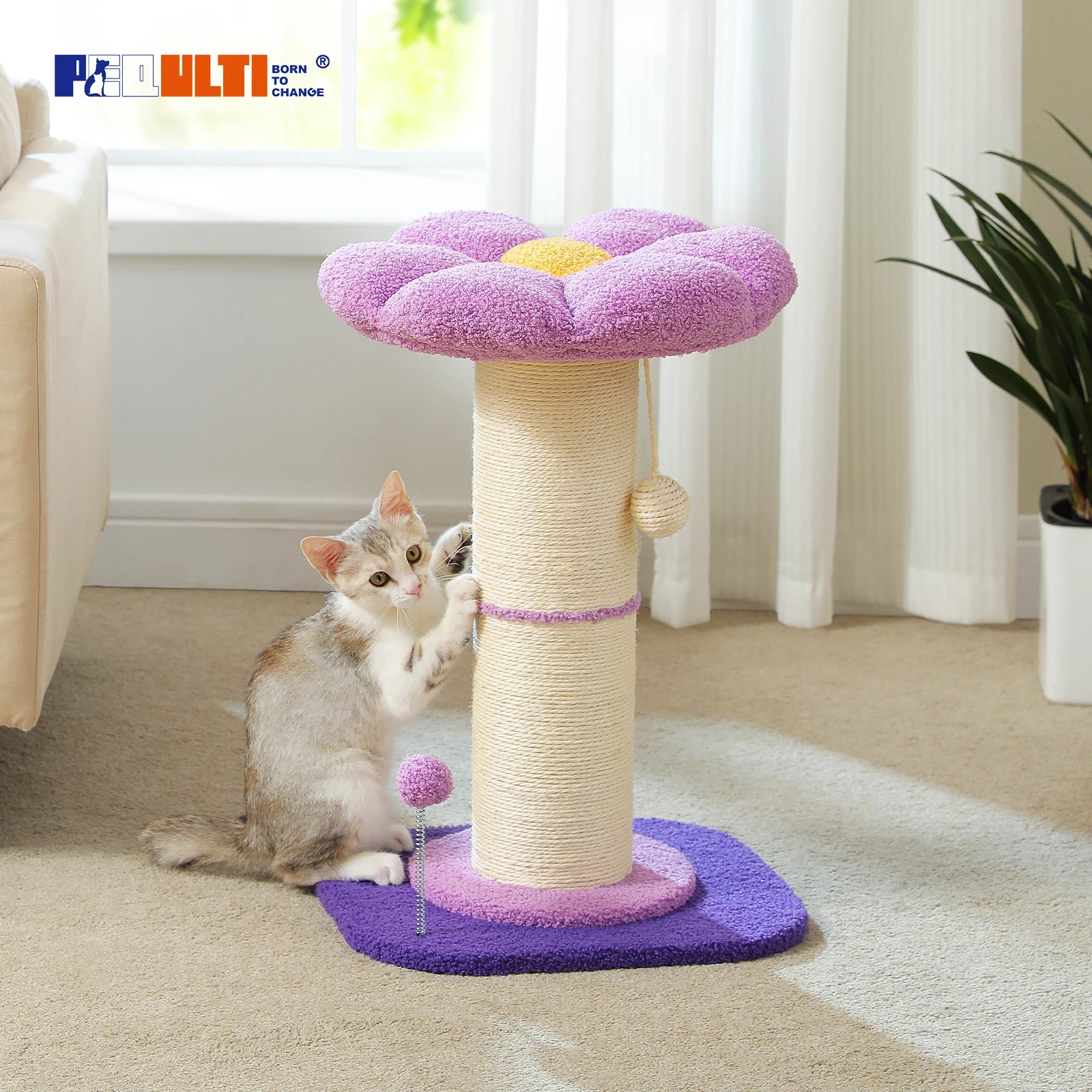 Flower Cat Scratching Post Small Cat Tree Tower Cat Scratcher for Indoor Cats with Super Thick Scratching Post Removable Cat Bed