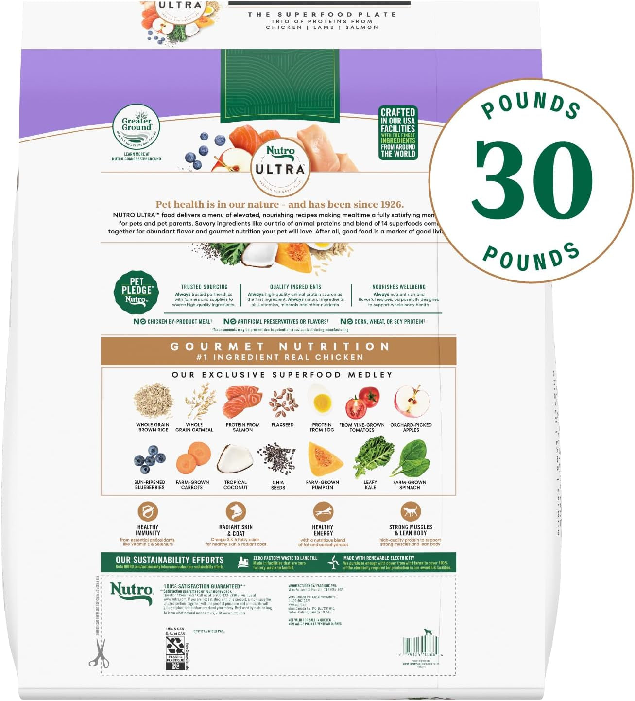 ULTRA Adult High Protein Natural Dry Dog Food with a Trio of Proteins from Chicken, Lamb and Salmon, 30 Lb. Bag