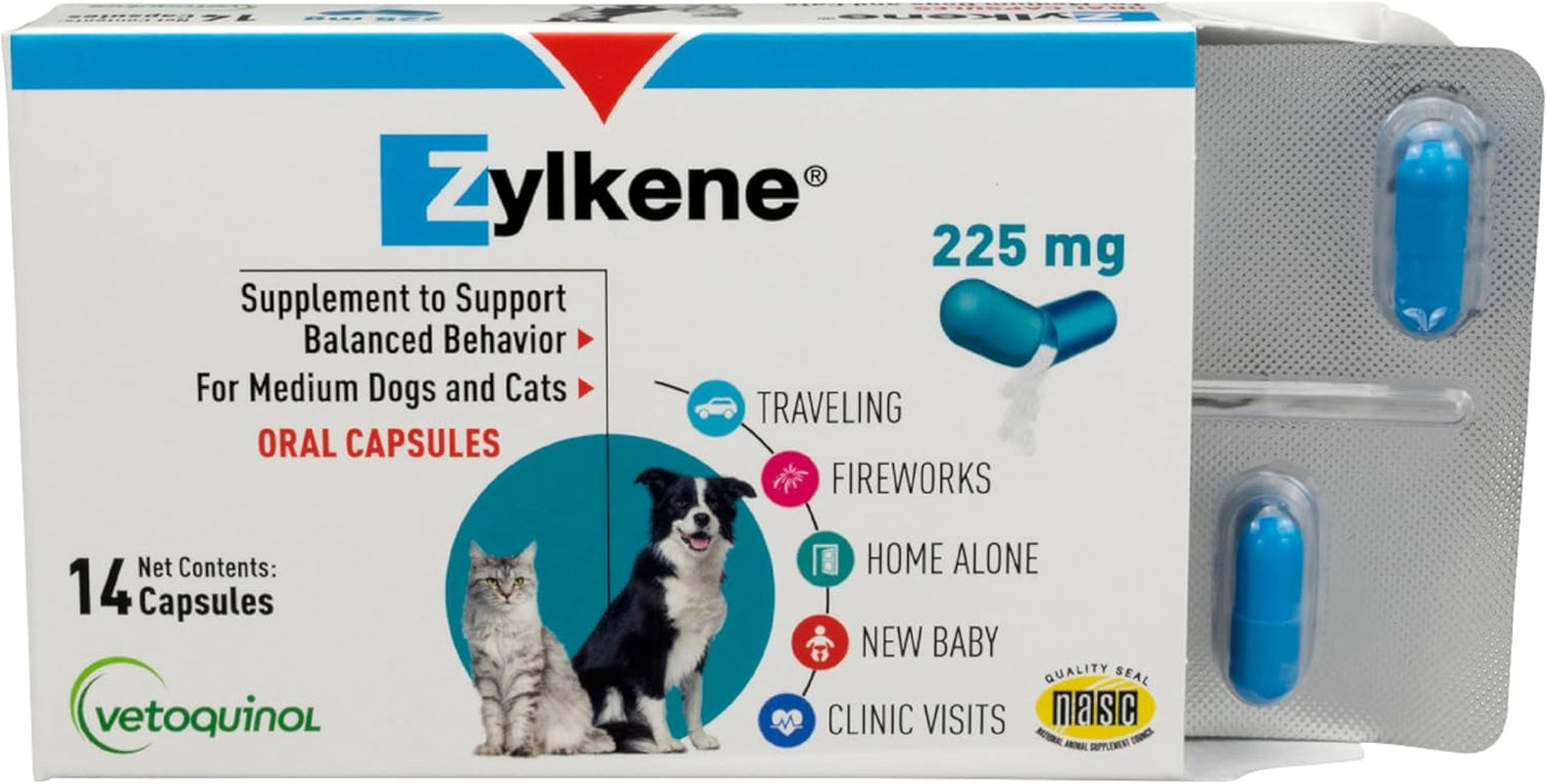 Zylkene Calming Support Supplement for Medium Dogs 33-65Lbs Promotes Relaxation, Reduces Stress, and Supports Occasional Anxiety Relief for Dogs, 225Mg - 14 Capsules