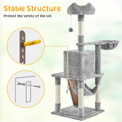 54" Cat Tree with Hammock, Basket and Scratching Post Tower, Light Gray