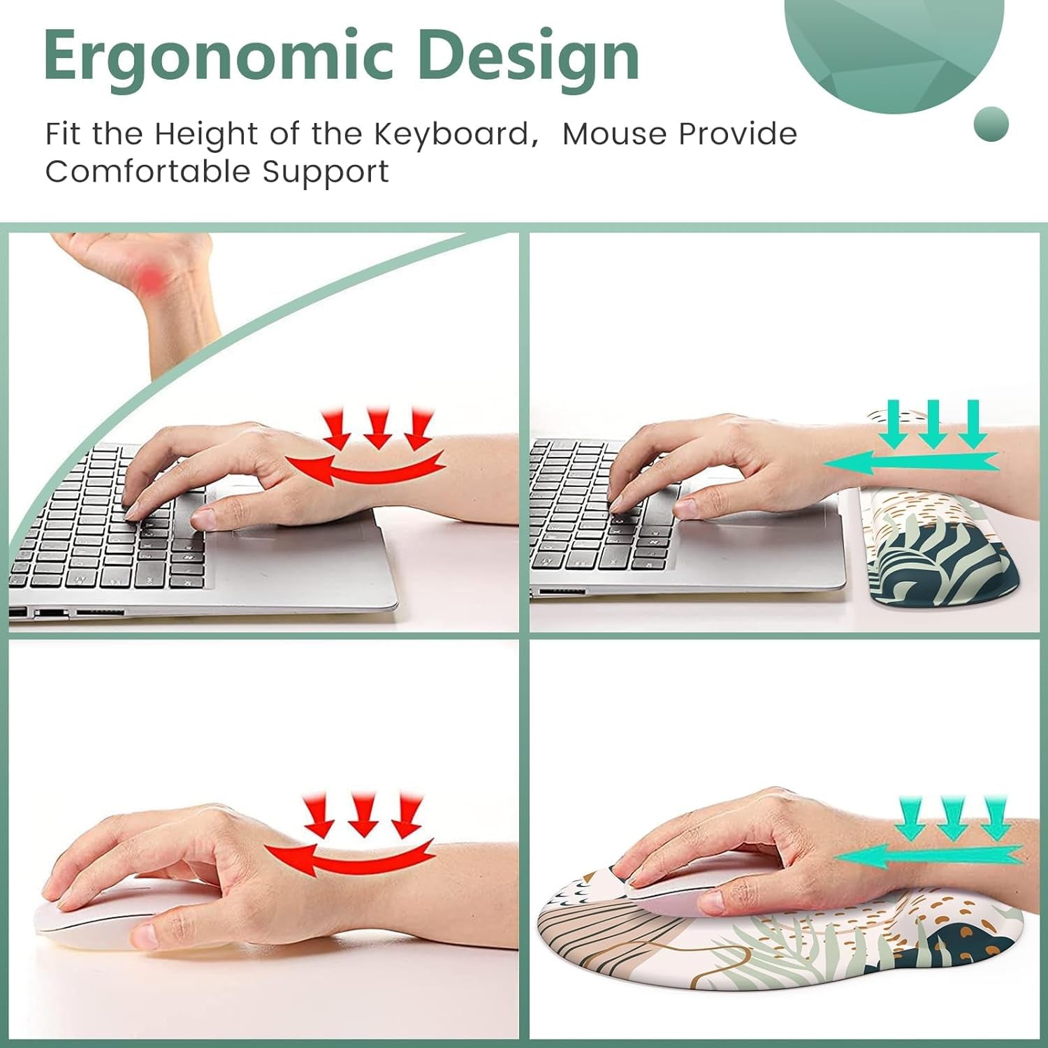 Mouse Pad Wrist Support Keyboard Wrist Rest Set, Ergonomic Mouse Pad with Non-Slip Base for Computer Laptop Home Office + Coasters, Easy Typing & Pain Relief Mouse Mat, Tropical Plants