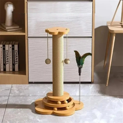 Cat Scratching Post - 4 in 1 Scratching Post, Wooden Cat Scratch Post with 2 Level Sisal Balls & 2 Sisal Hanging Balls for Indoor Kittens, Gifts