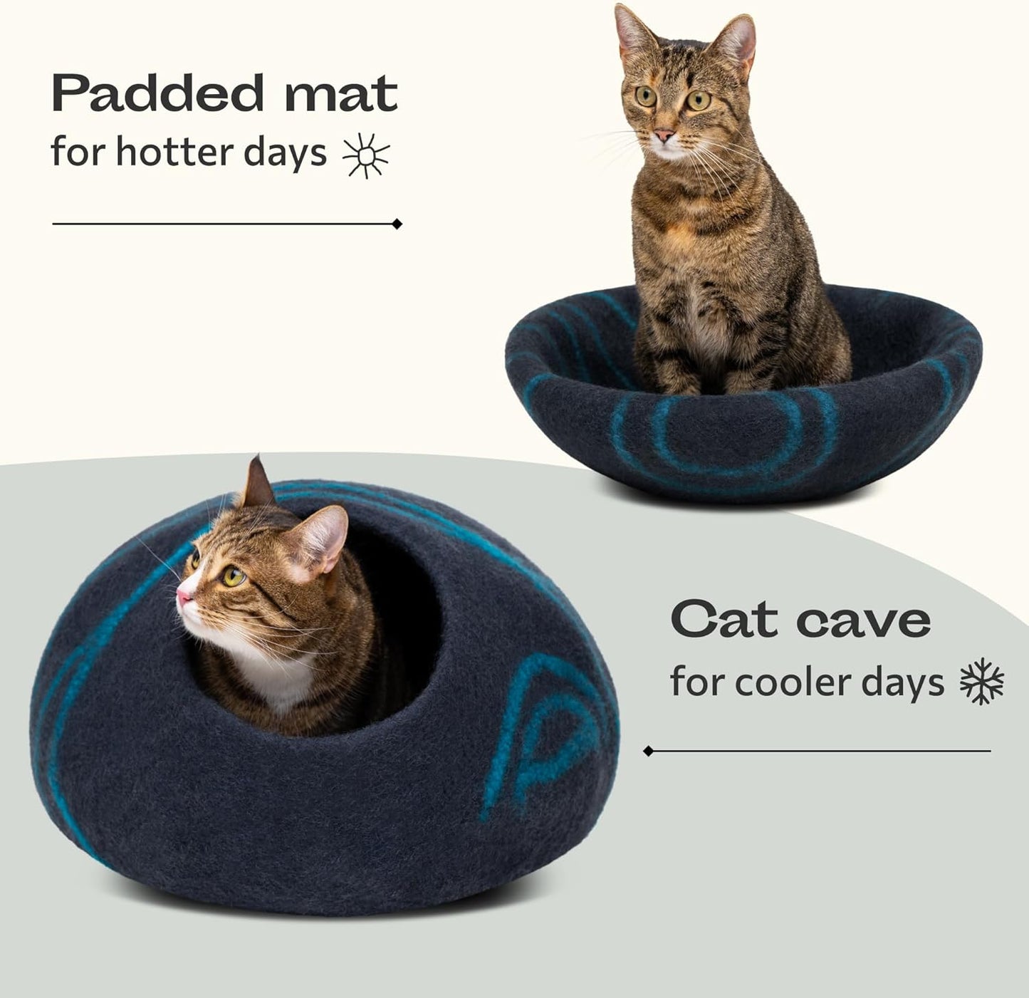 Cat Cave – Premium Felt Cat Bed for Indoor Cats, Handmade 100% Merino Wool (Large, Black Aqua)