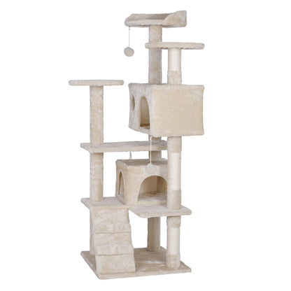 55'' Cat Tree Condo Scratching Post Sturdy Cat Activity Center Light Beige