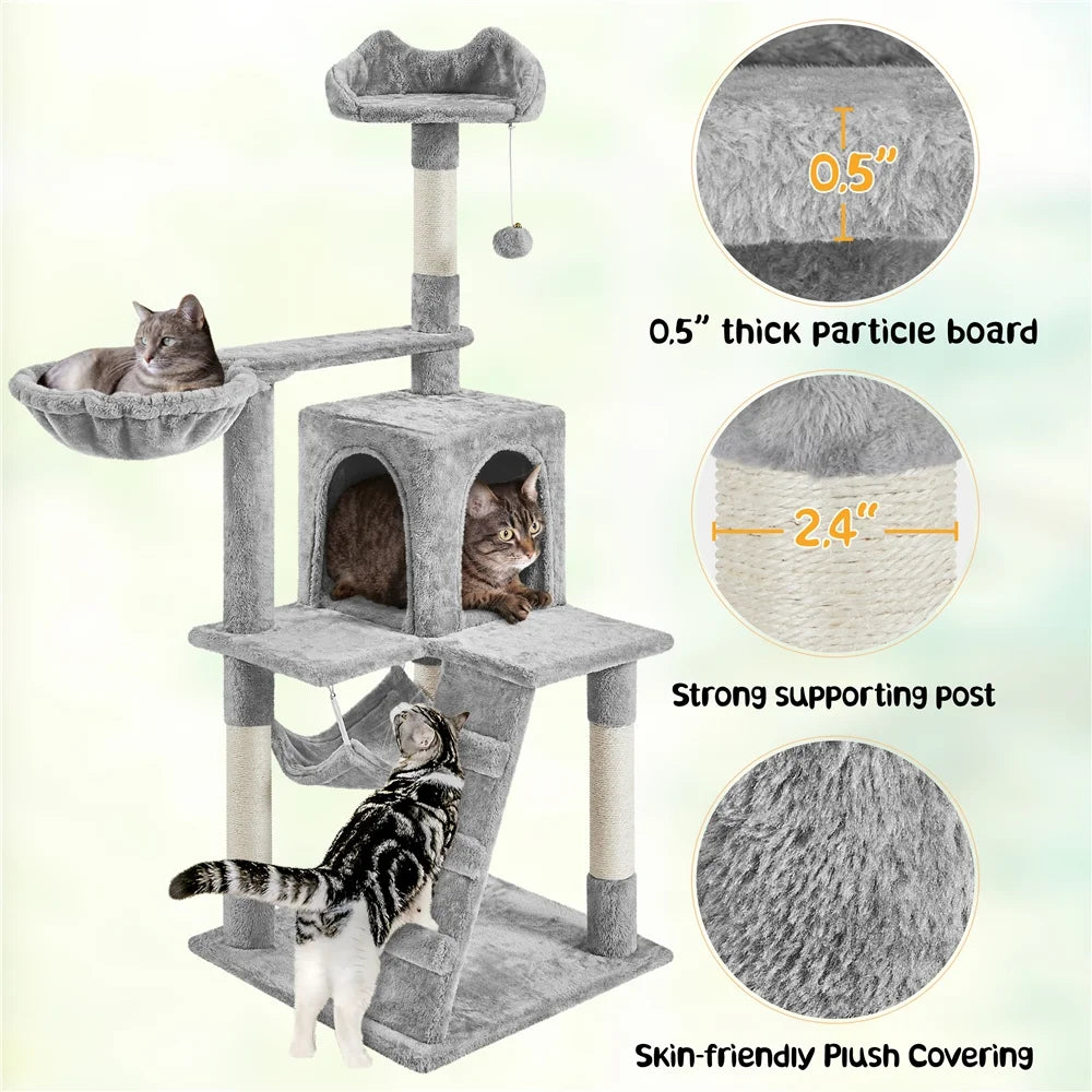 54" Cat Tree with Hammock, Basket and Scratching Post Tower, Light Gray