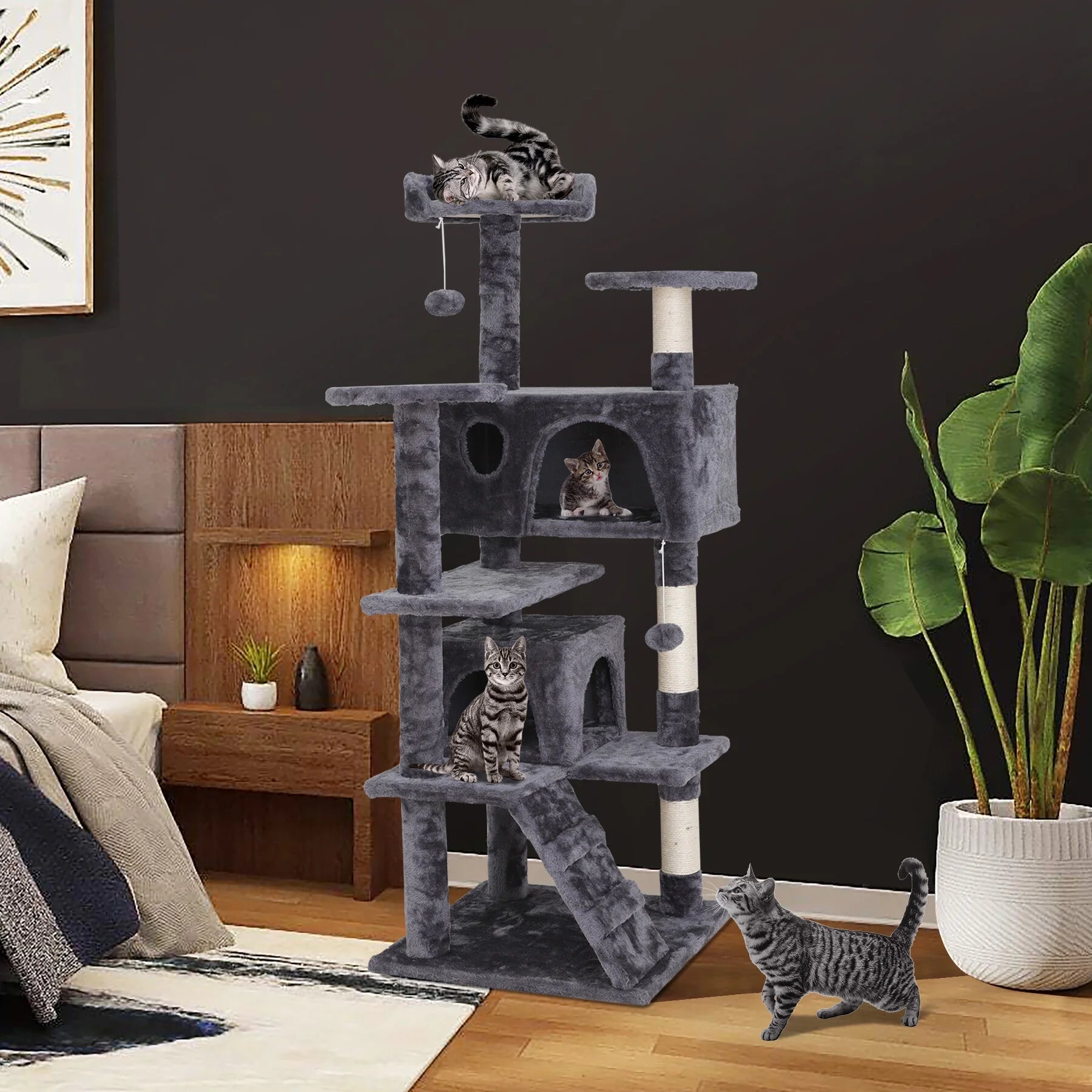 53-In Cat Tree & Condo Scratching Post Tower, Dark Gray