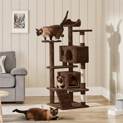 53.9" H Cat Tree with Double Condos, Scratching Posts & Ramp, Brown
