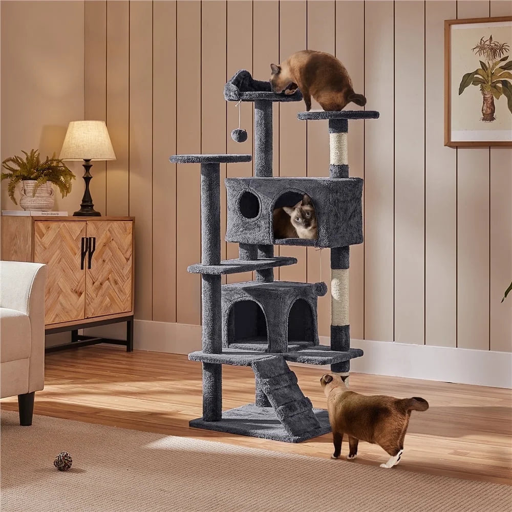 53.9" H Cat Tree with Double Condos, Scratching Posts & Ramp, Dark Gray