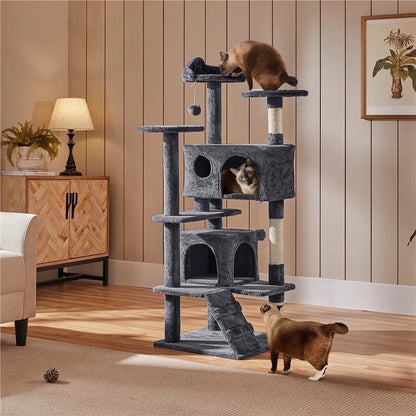 53.9" H Cat Tree with Double Condos, Scratching Posts & Ramp, Dark Gray