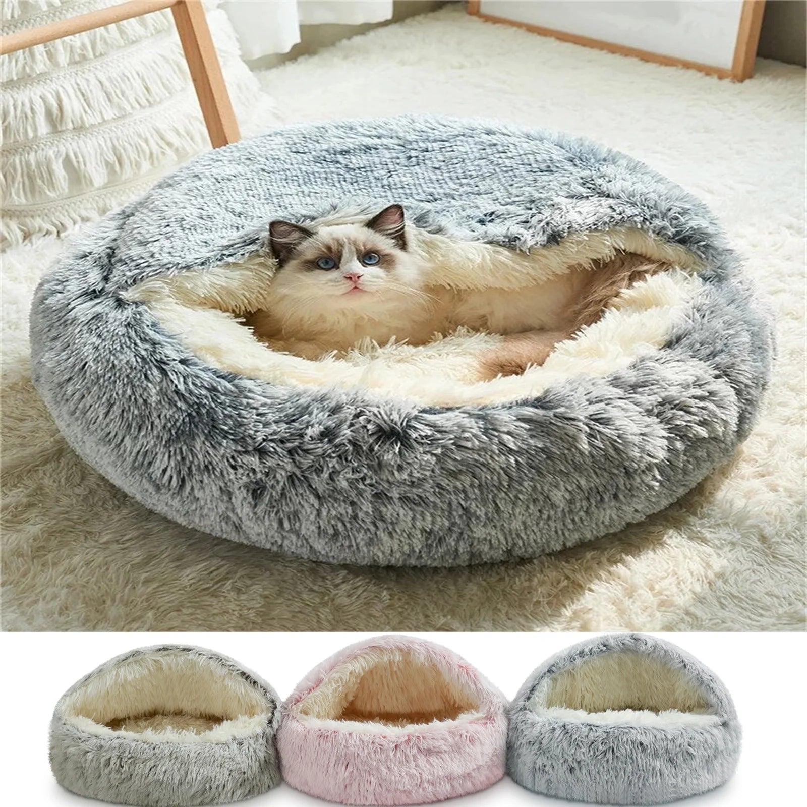 Cat Bed round Plush Hooded Cat Bed Cave, for Indoor Cats or Small Dog Beds, Calming Pet Beds Calm Anti-Nxiety Dog Bed, Waterproof Bottom Washable (16"X16")