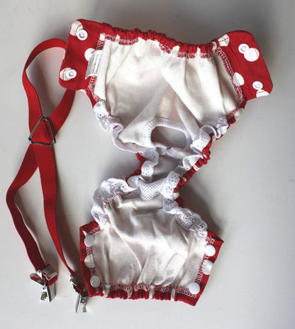 Dog Diaper with Suspenders RED Polka DOT Reusable Washable for Small Dog Breeds Female (Small: Waist 10" - 12")
