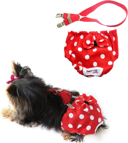 Dog Diaper with Suspenders RED Polka DOT Reusable Washable for Small Dog Breeds Female (Small: Waist 10" - 12")
