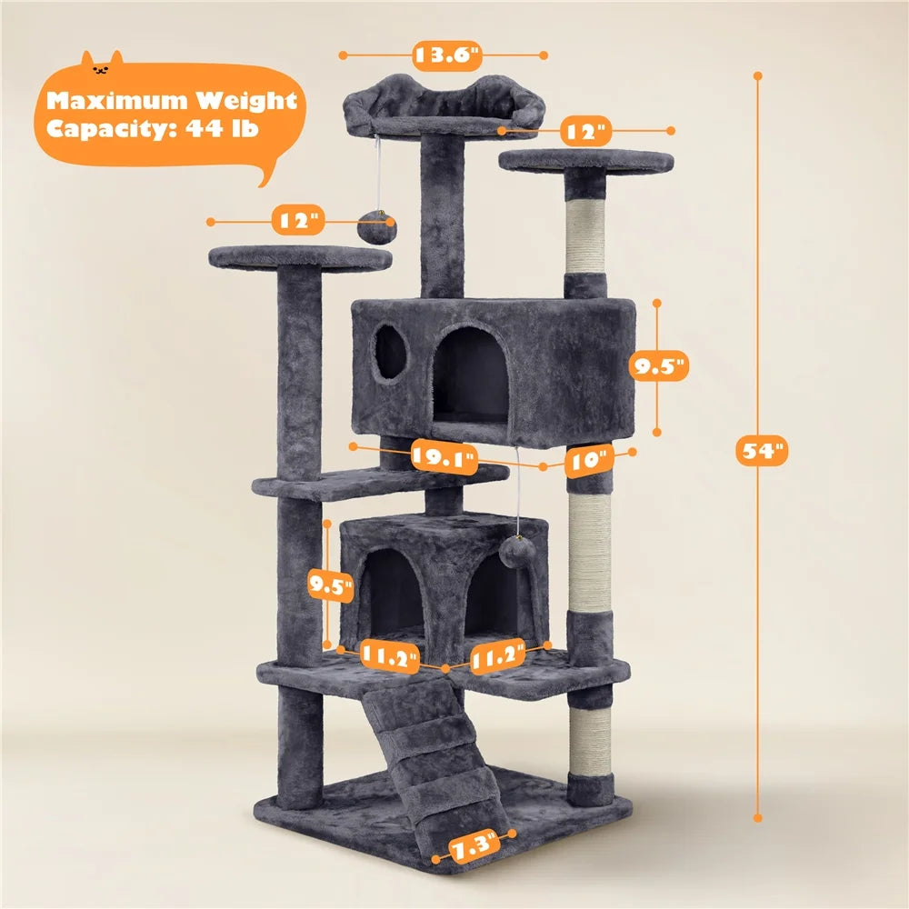 53.9" H Cat Tree with Double Condos, Scratching Posts & Ramp, Dark Gray