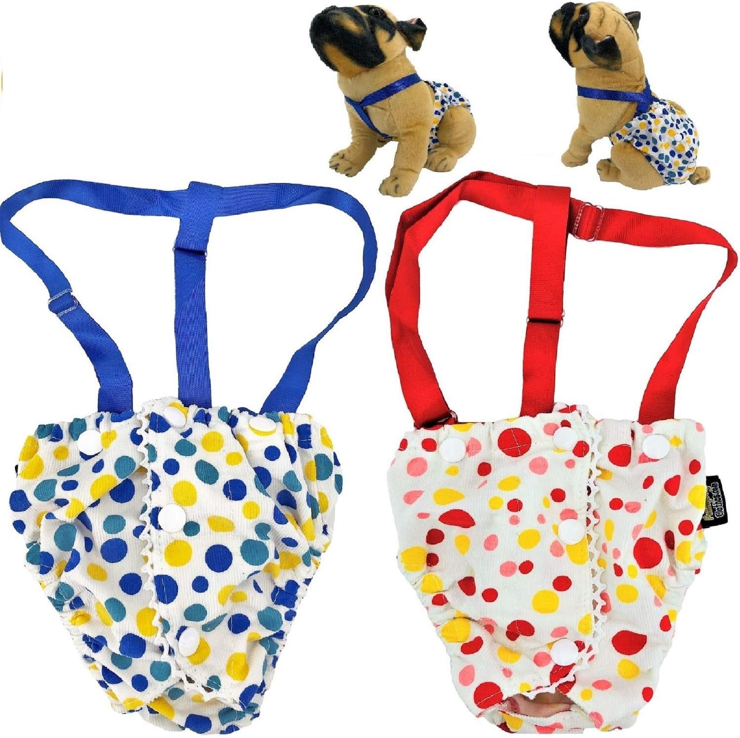 Female Dog Diaper with Suspenders Cotton Reusable Washable for Small Dog Breeds (Pack of 2 Colors, Large: Waist 16" - 18")
