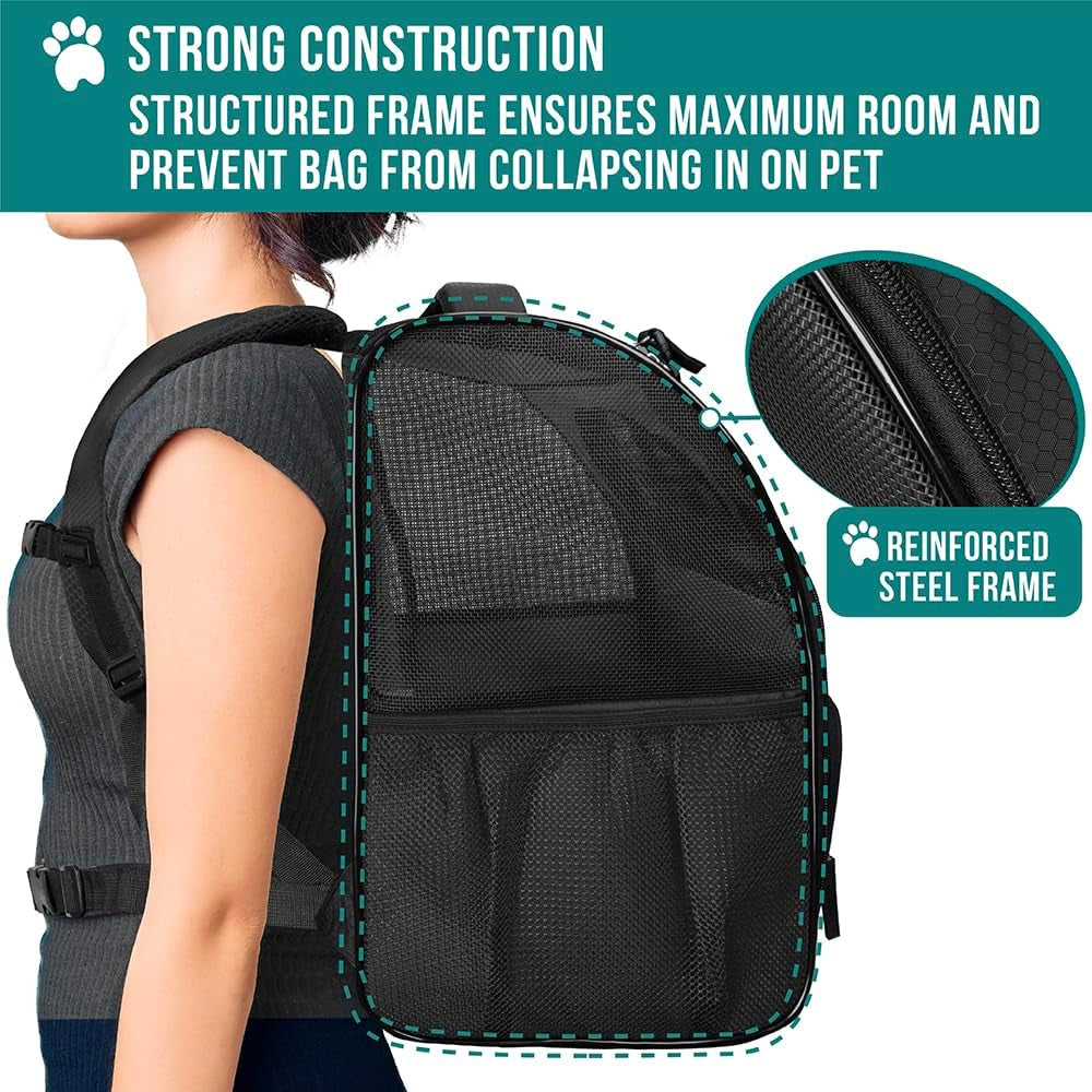 Deluxe Pet Carrier Backpack for Small Cats and Dogs, Puppies | Ventilated Design, Two-Sided Entry, Safety Features and Cushion Back Support | for Travel, Hiking, Outdoor Use