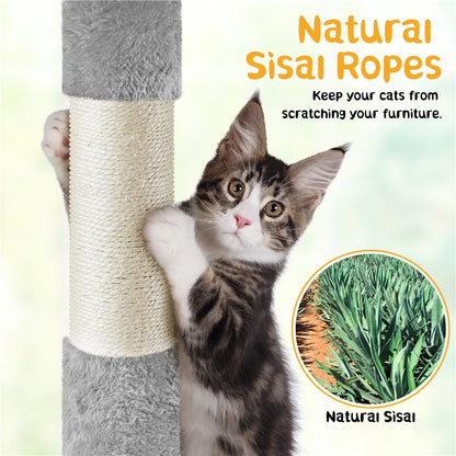 54" Cat Tree with Hammock, Basket and Scratching Post Tower, Light Gray