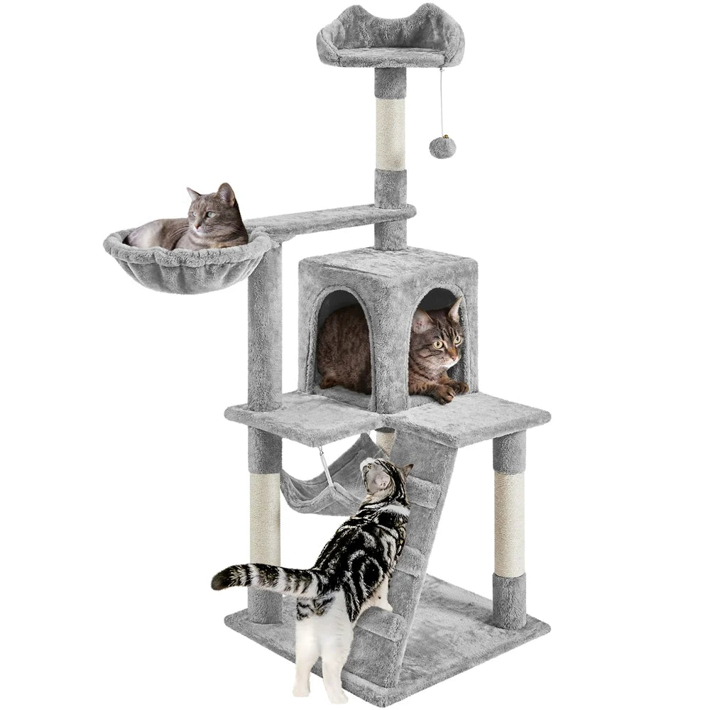 54" Cat Tree with Hammock, Basket and Scratching Post Tower, Light Gray