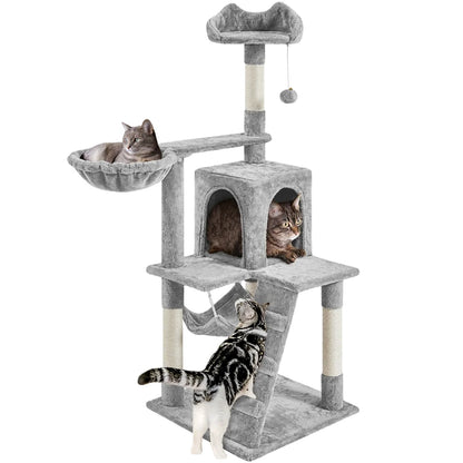54" Cat Tree with Hammock, Basket and Scratching Post Tower, Light Gray