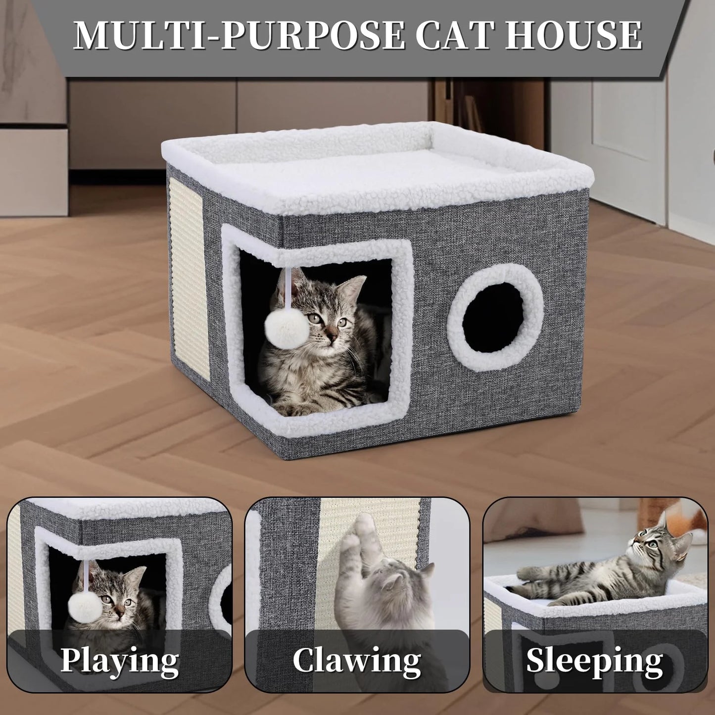 Cat Beds for Indoor Cats,Large Cat House for Pet Cat Cave with Scratch Pad and Fluffy Hanging Ball,Foldable Cat Cube Hideaway,Grey
