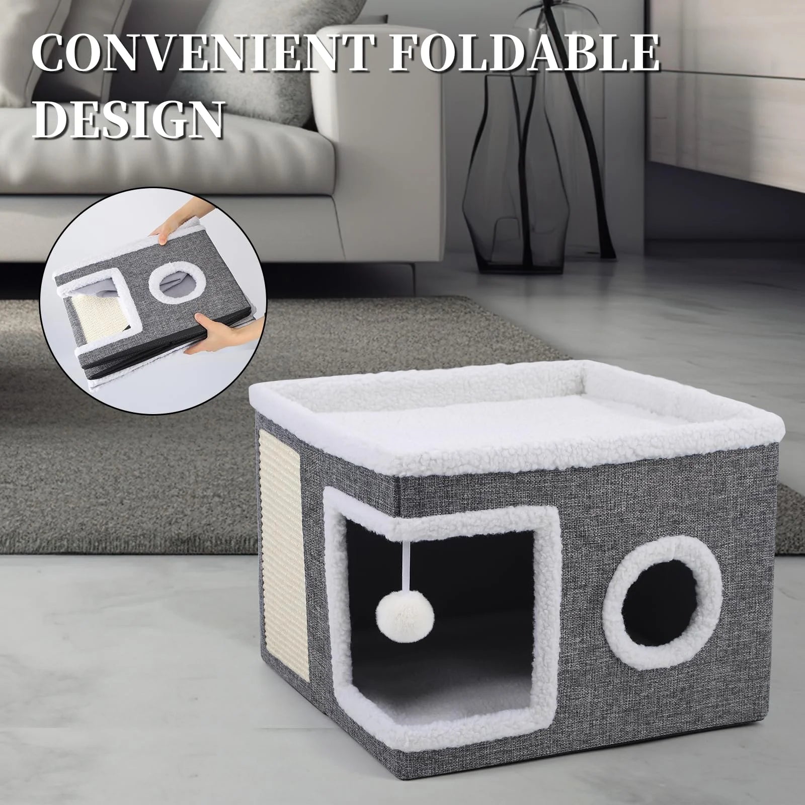 Cat Beds for Indoor Cats,Large Cat House for Pet Cat Cave with Scratch Pad and Fluffy Hanging Ball,Foldable Cat Cube Hideaway,Grey