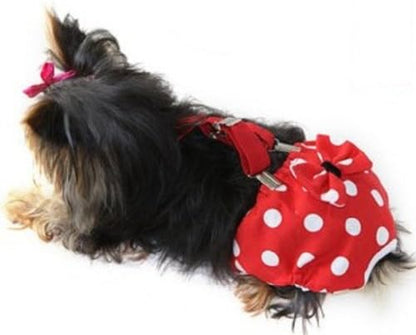 Dog Diaper with Suspenders RED Polka DOT Reusable Washable for Small Dog Breeds Female (Small: Waist 10" - 12")
