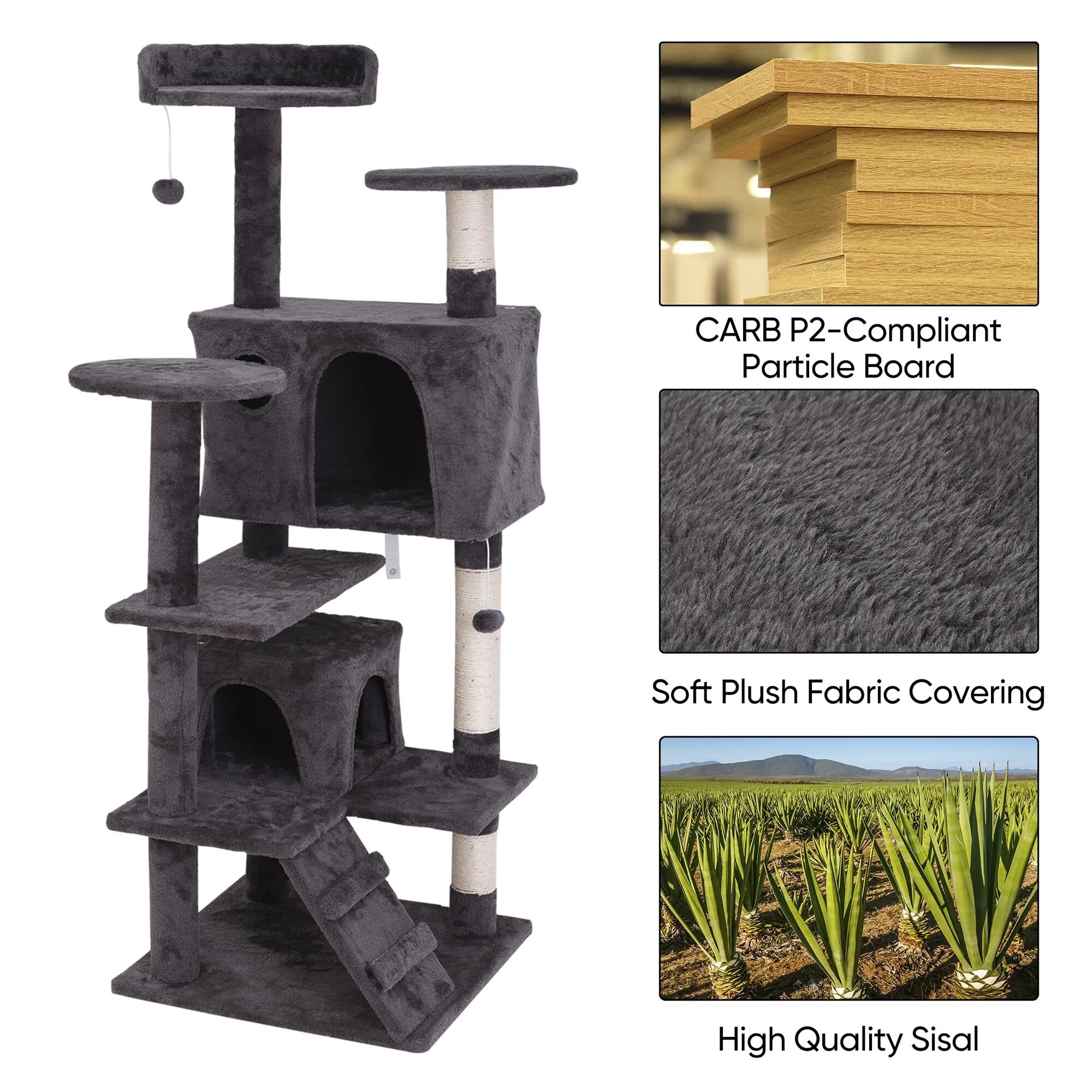 55-In Cat Tree & Condo Scratching Post Tower, Dark Gray