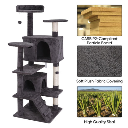 55-In Cat Tree & Condo Scratching Post Tower, Dark Gray