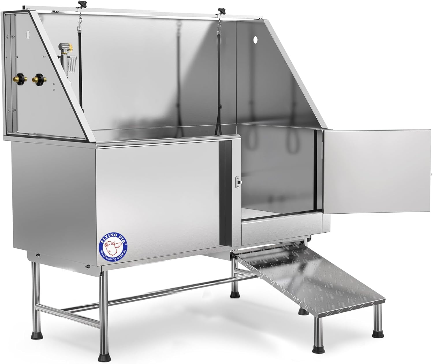 62" Stainless Steel Pet Dog Bath Tub with Faucet (Right Door/Left Drain), 62 X 27 X 58