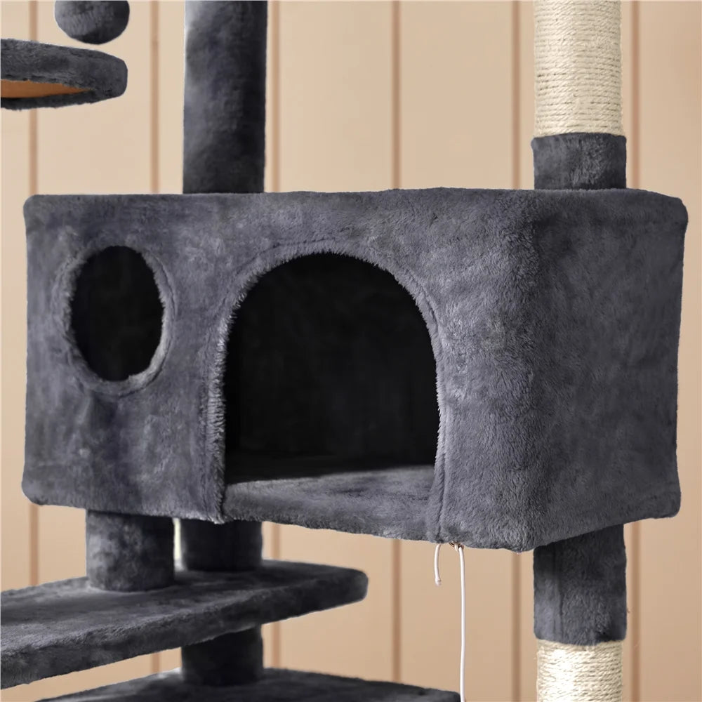 53.9" H Cat Tree with Double Condos, Scratching Posts & Ramp, Dark Gray