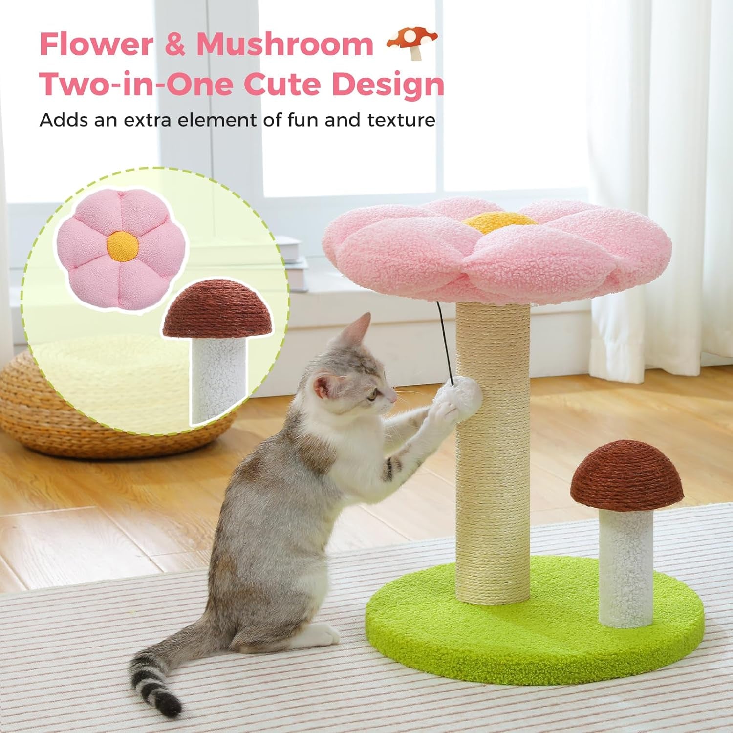 Cat Scratching Post, Mushroom Cat Scratcher Cute Cat Tree Tower with Thick Scratching Post & Removable Flower Cats Bed [Dia=15.7''], Tall Post for Kittens and Indoor, Pink