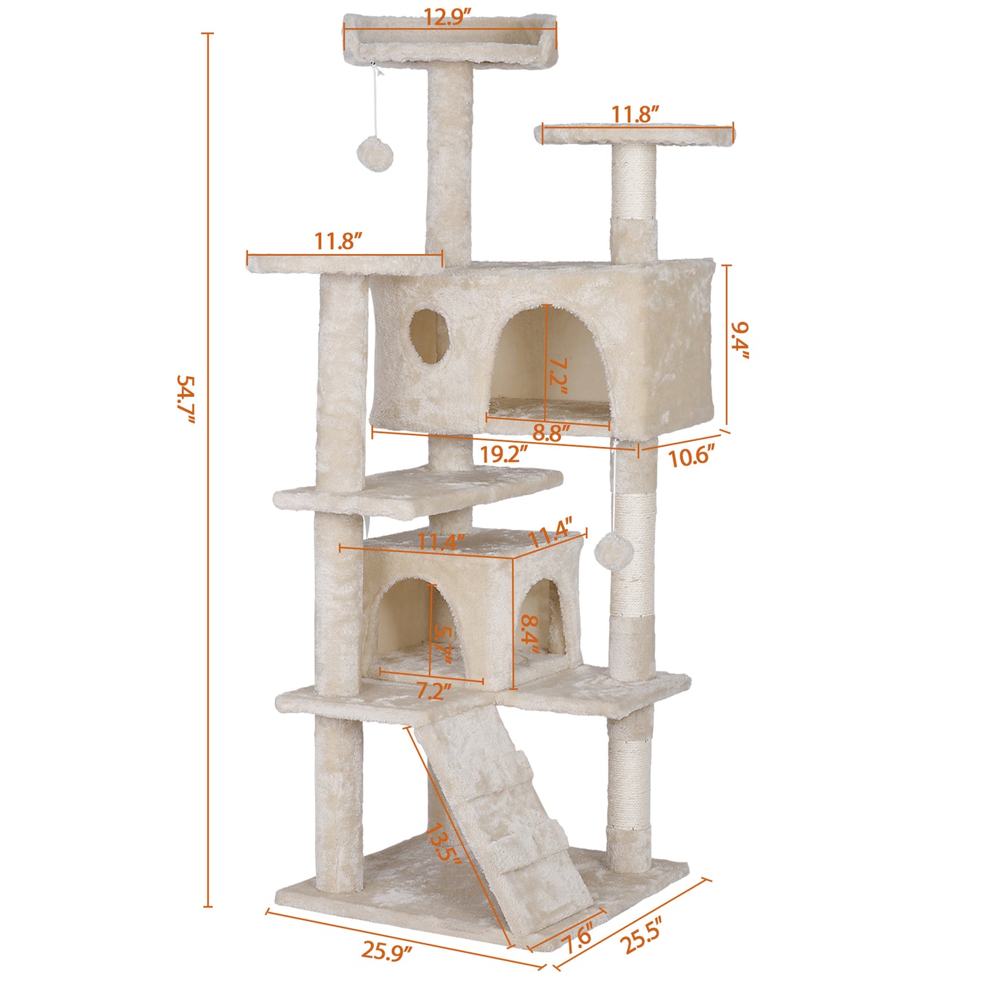55'' Cat Tree Condo Scratching Post Sturdy Cat Activity Center Light Beige