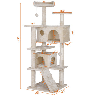55'' Cat Tree Condo Scratching Post Sturdy Cat Activity Center Light Beige