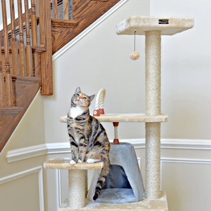 65-In Real Wood Cat Tree & Condo Scratching Post Tower, Beige