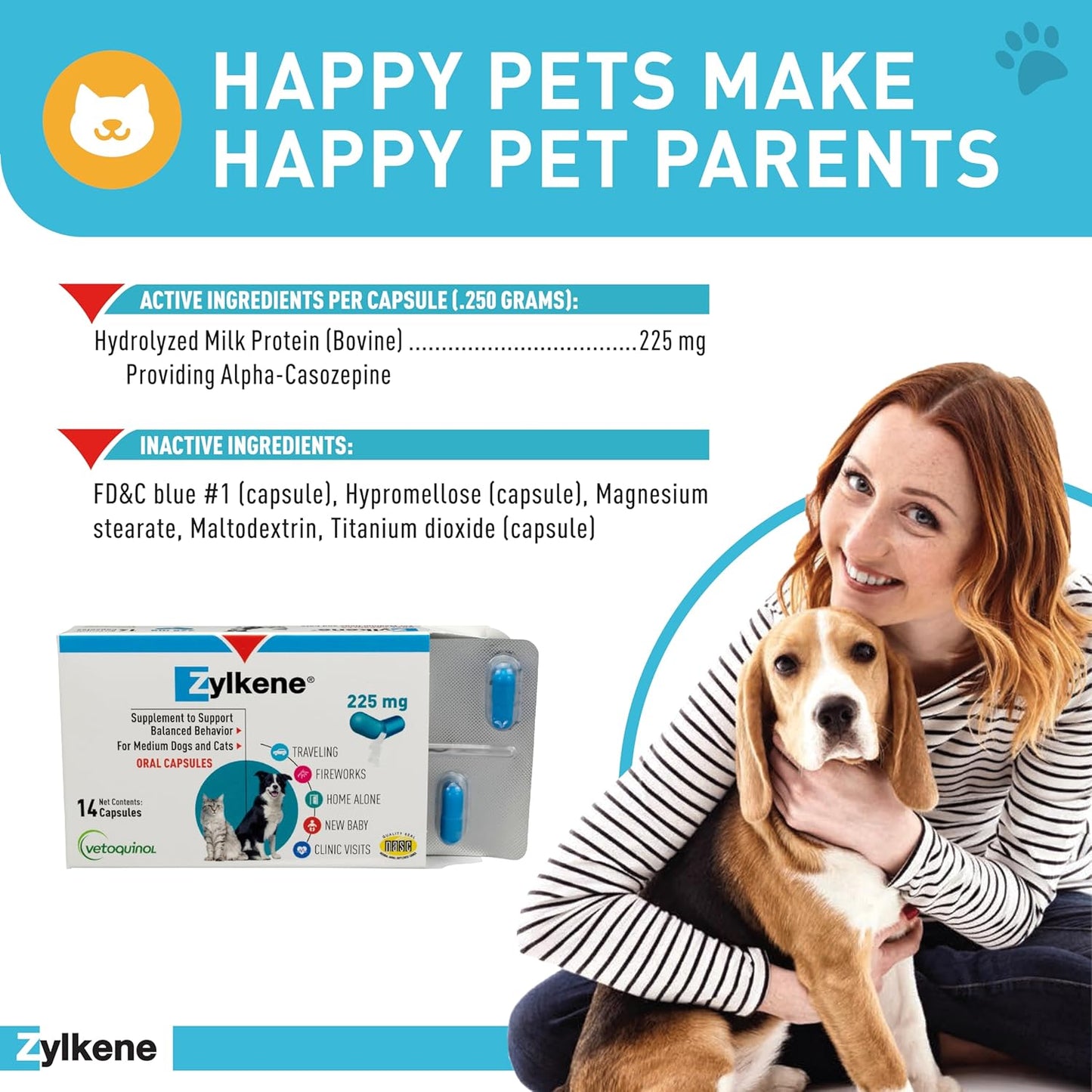 Zylkene Calming Support Supplement for Medium Dogs 33-65Lbs Promotes Relaxation, Reduces Stress, and Supports Occasional Anxiety Relief for Dogs, 225Mg - 14 Capsules