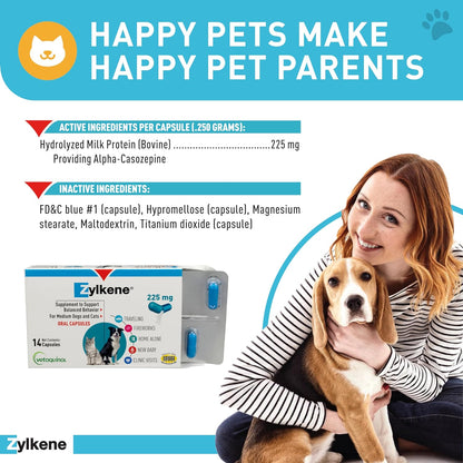 Zylkene Calming Support Supplement for Medium Dogs 33-65Lbs Promotes Relaxation, Reduces Stress, and Supports Occasional Anxiety Relief for Dogs, 225Mg - 14 Capsules